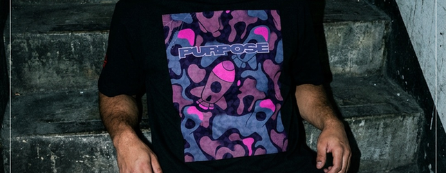Spacely tee with a pink and purple camo globe print