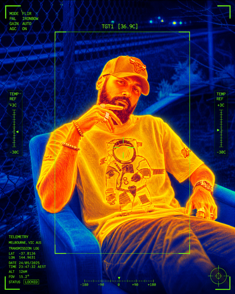 Thermal-imaging portrait of a person in a Spacely cap
