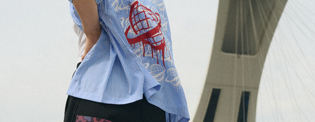 Spacely GEMINI 8 shirt with red globe graphic shot from a low angle