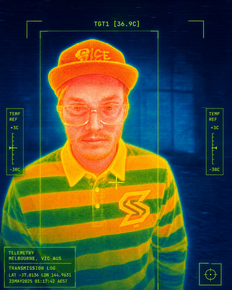 Thermal-imaging portrait of a person in a striped Spacely rugby top