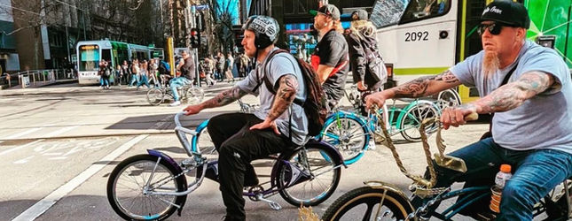 Low Ballers Mafia riders cruising a Melbourne street in a pack