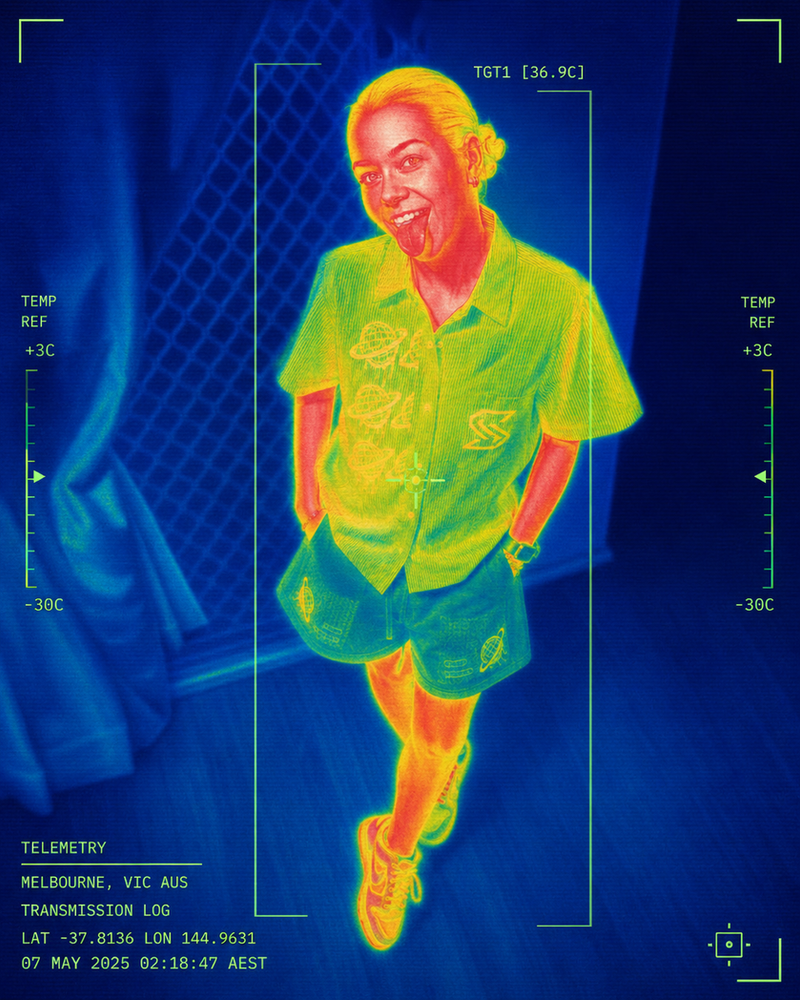 Thermal-imaging frame of a person walking in Spacely fieldwear