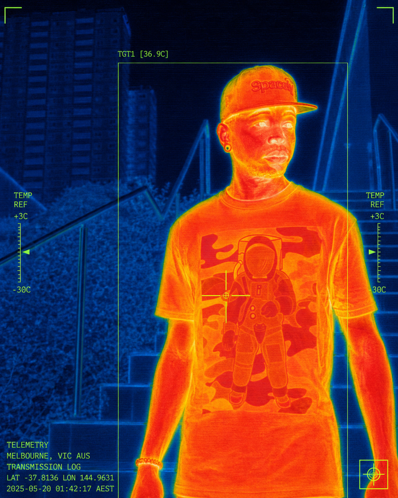 Thermal-imaging portrait of a person in a Spacely cap and tee