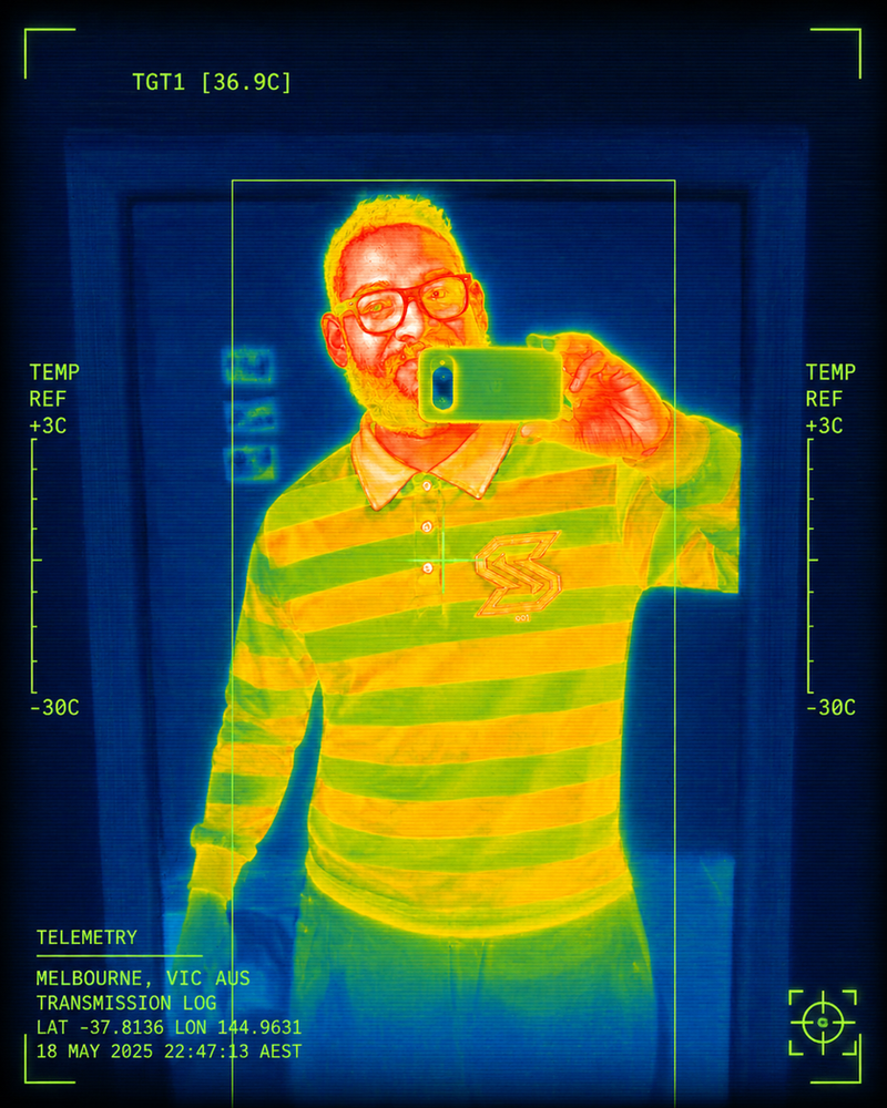 Thermal-imaging portrait of a person in a striped Spacely top