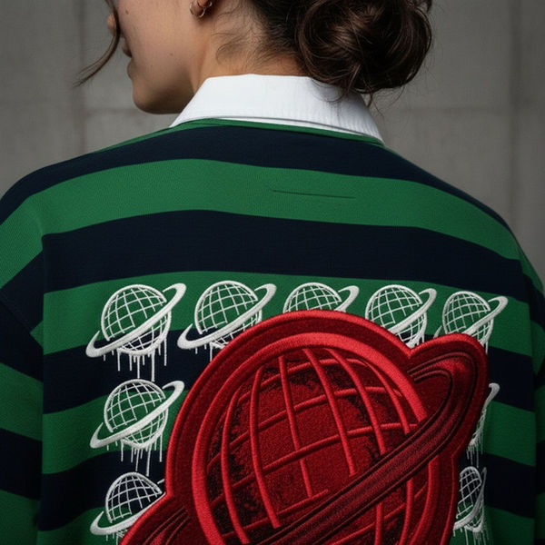 Back of a green striped Spacely rugby top with red globe graphic