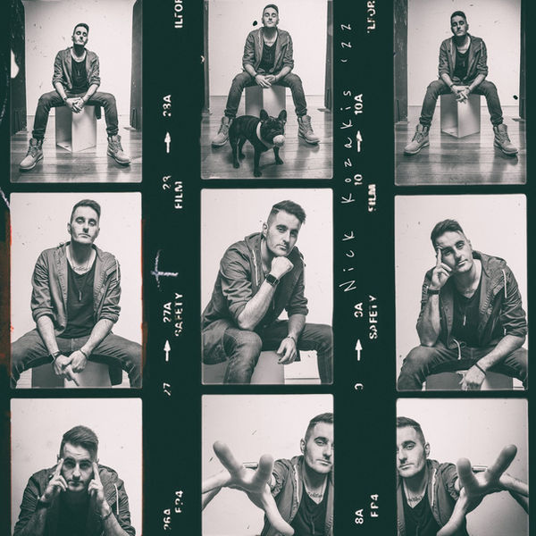Black and white contact sheet of a seated male model
