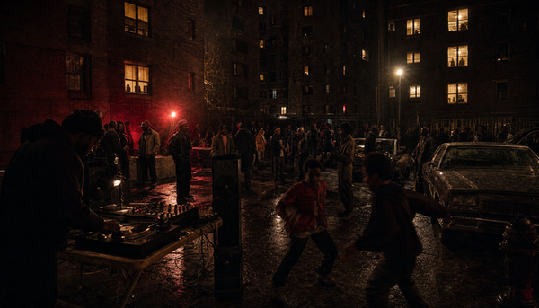 Night block party with a DJ setup on a wet street