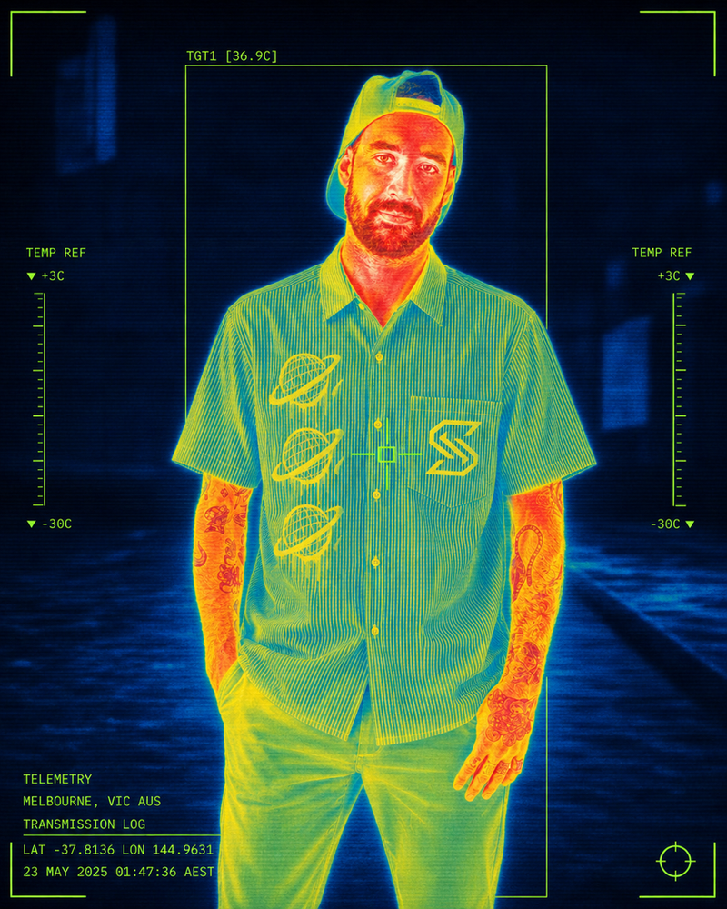 Thermal-imaging portrait of a person in a Spacely shirt