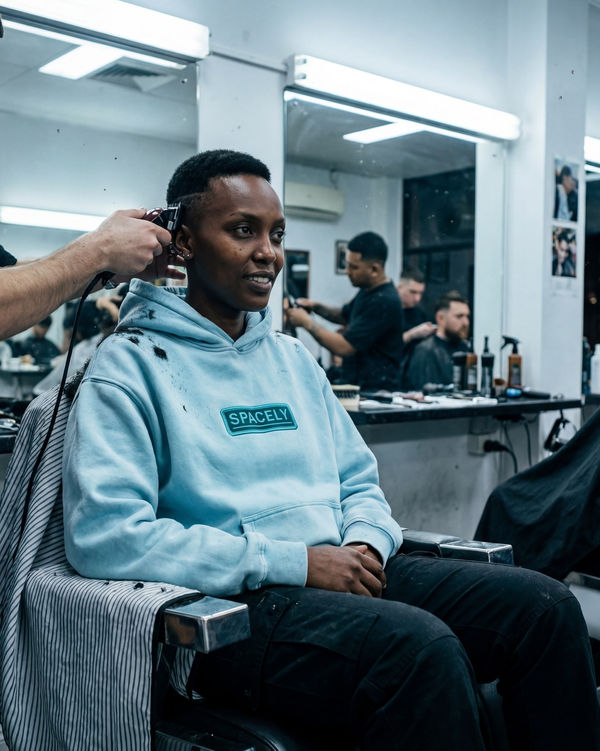 Man in a light blue Spacely hoodie in a barbershop chair