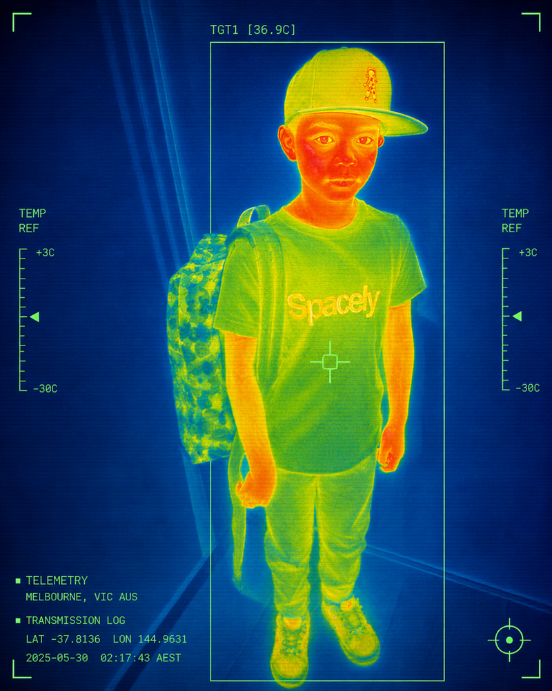 Thermal-imaging frame of a person in a Spacely tee and cap