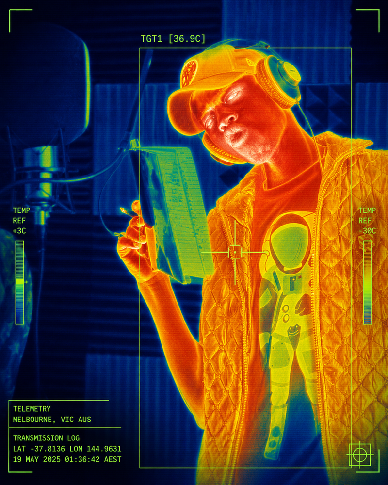 Thermal-imaging portrait of a person in a Spacely jacket
