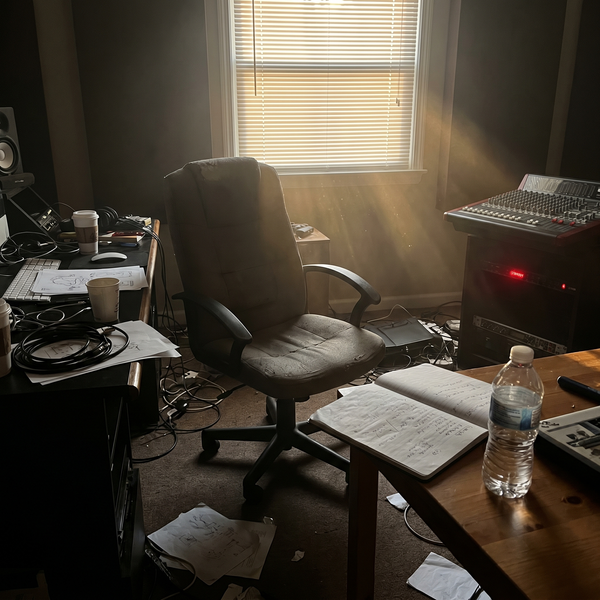 Cluttered home studio desk with a mixer and paperwork