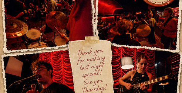 Collage of Thursday Live band photos with a handwritten thank-you note