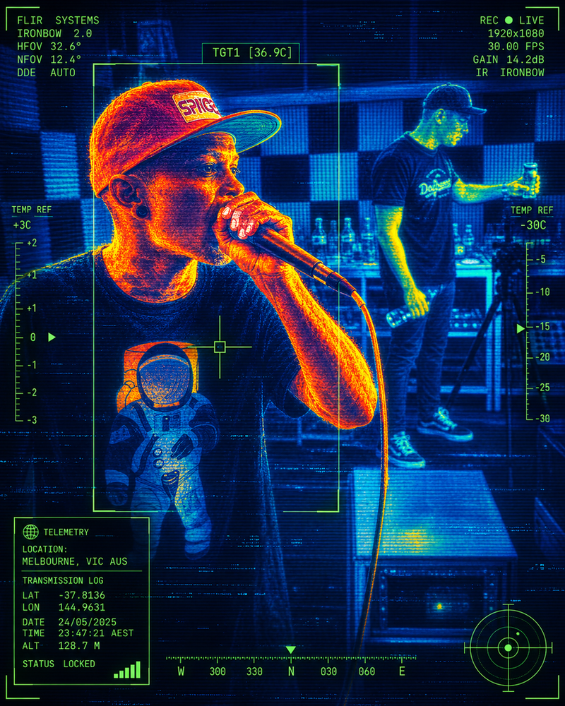 Thermal-imaging frame of a person on a microphone