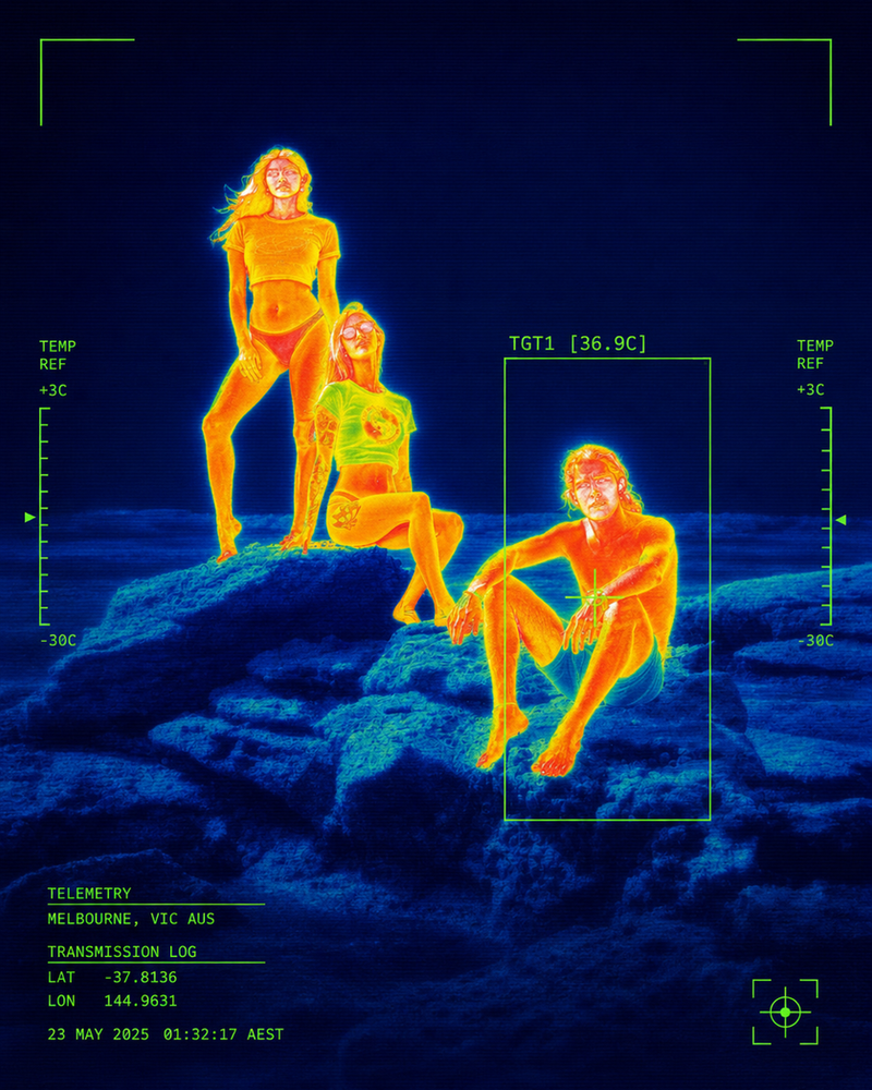 Thermal-imaging frame of two people seated on rocks