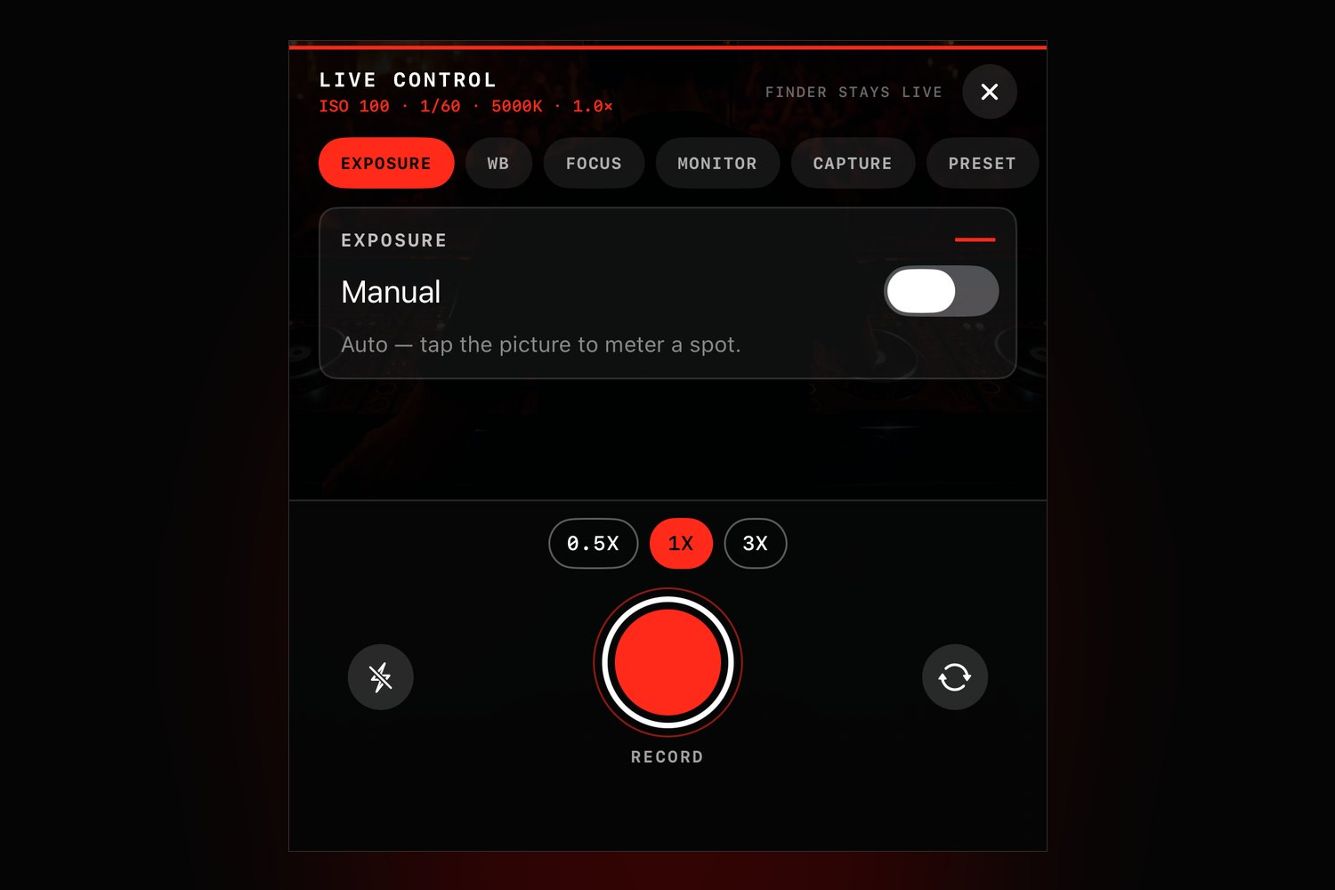 DJ Content Kit live control panel — manual exposure, ISO and shutter readout, record ring