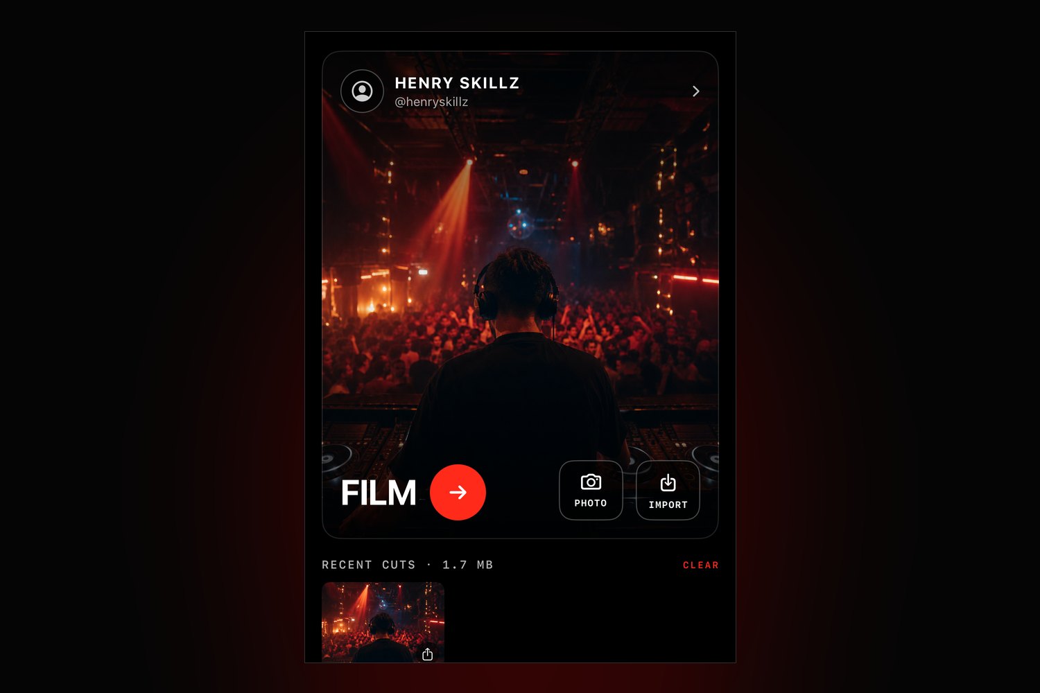 DJ Content Kit home screen — operator card, film and import controls, recent cuts
