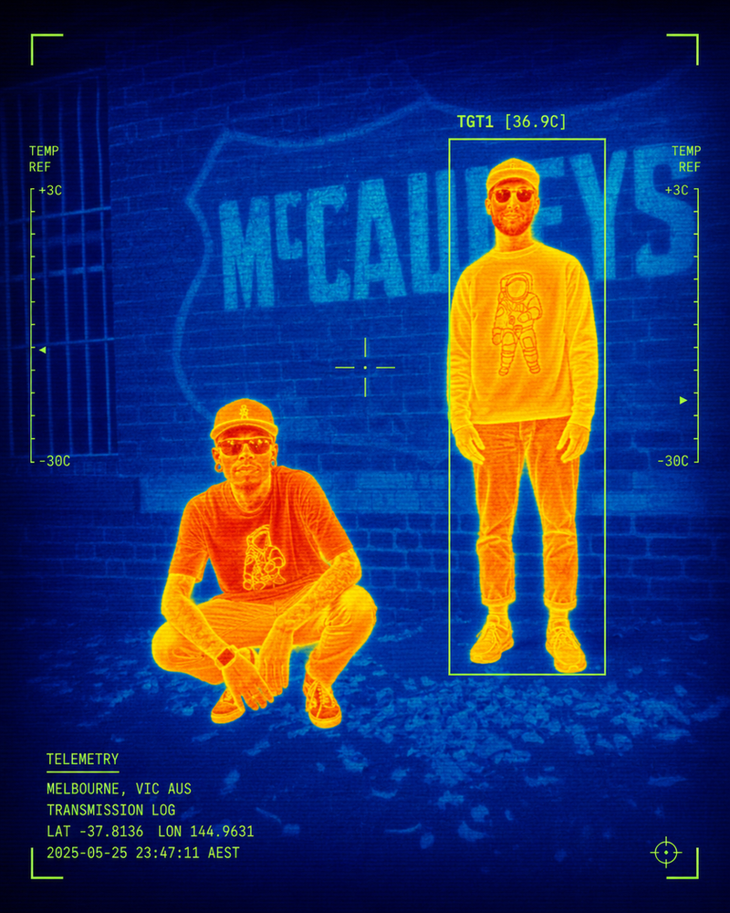 Thermal-imaging frame of two figures outside a shopfront