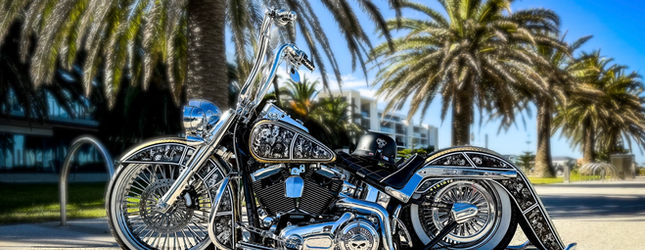 Chrome and gold lowrider chopper bicycle parked under palm trees
